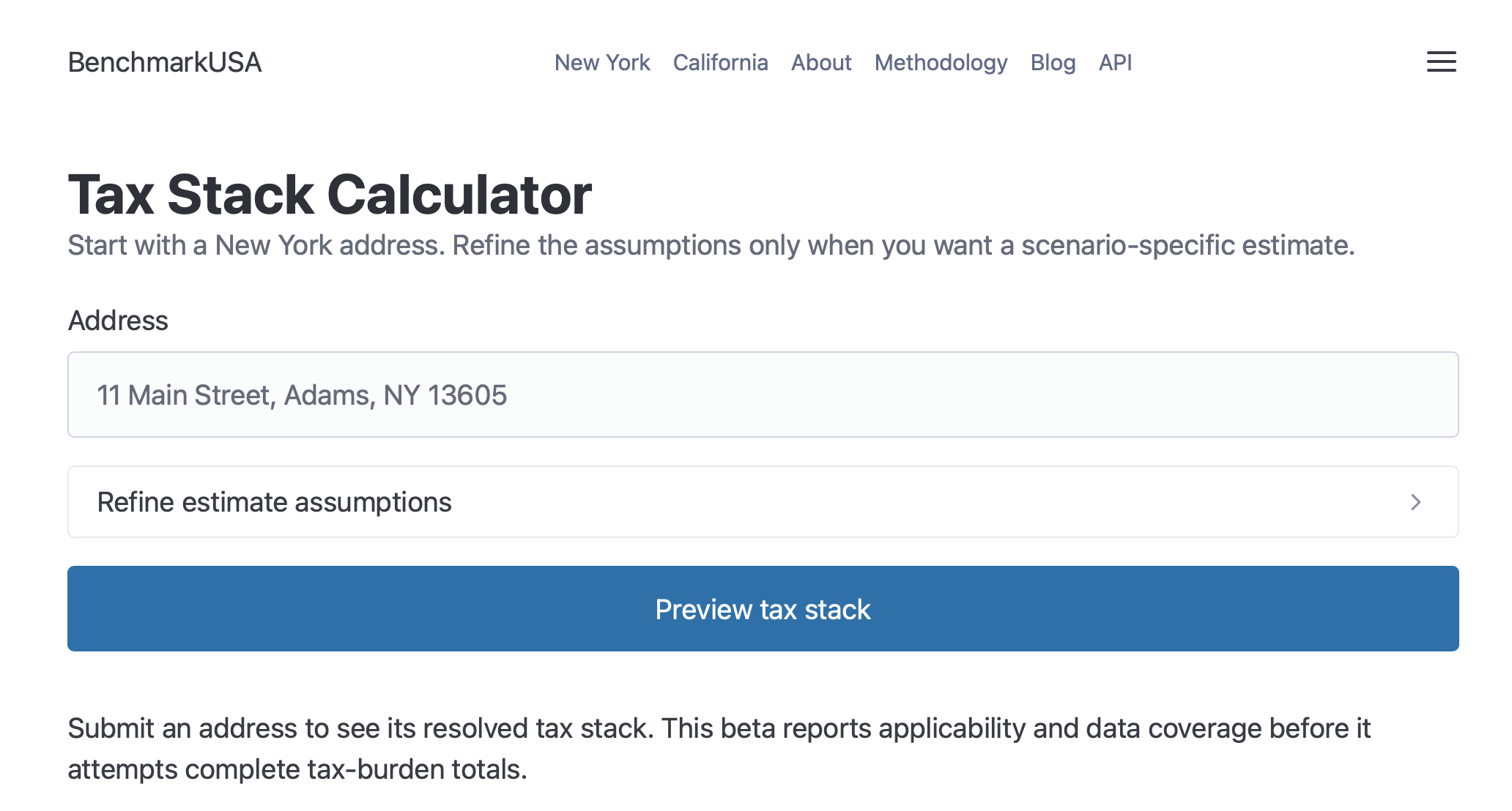 Tax calculator page with address-first report layout